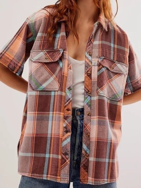 Free People Tops - Free People We The Free Vintage Crush Plaid Shirt Brown Combo M NWOT Cotton